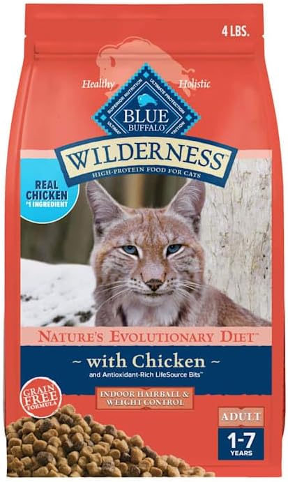 Blue Buffalo Wilderness High-Protein, Grain-Free Weight and Hairball Control Chicken Natural Dry Food for Adult Cats, 4 lbs.