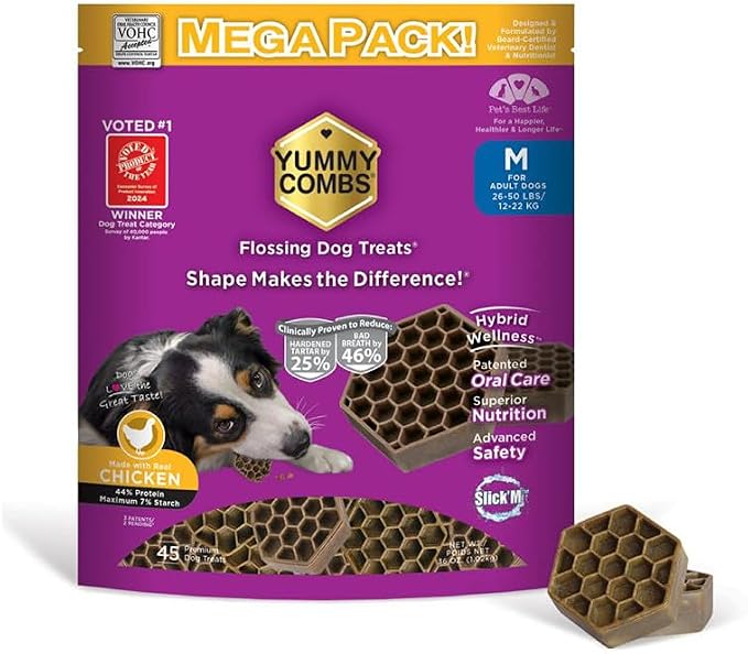 Yummy Combs Dog Dental Treats – Vet VOHC Approved – Delicious Chicken Protein – Removes Tartar with Cleaning Comb Shape – Dental Dog Treats for Medium Dogs (36oz, 45 Count)