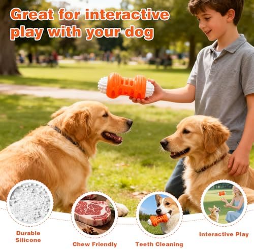 Dog Chew Toy – Durable Silicone Squeaky Toy for Dogs, Interactive Puppy Teething Toy, Dental Cleaning Chew & Fetch Toy for Small Medium Large Dogs (Medium, Dumbbell)