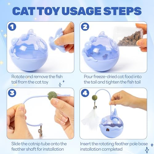 Cat Interactive Toys,Wobble Kitten Treat Dispensing Ball with Catnip and Feathers, Indoor Puzzle Slow Feeding, Cats Treat Dispenser Kicker Toy for Large, Medium and Small Cats (Blue, Fish