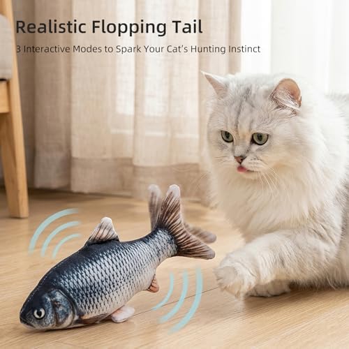 Flopping Fish Cat Toy, Interactive Moving Plush Cat Kicker Toy with Catnip Pocket, USB Rechargeable Automatic Wiggle Carp Toy for Indoor Kitten & Small Dogs, Single Carp（11.81Inch）