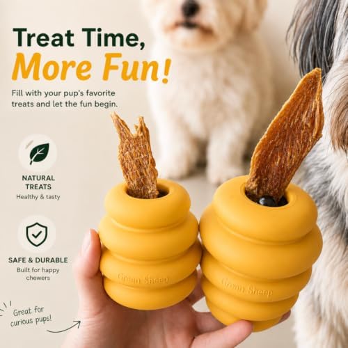 Green Sheep Enrichment Dog Ball for Small Dogs, Natural Rubber Treat Dispensing Chew Toy for Mental Stimulation & Boredom Relief, Interactive Dog Toys, Yellow