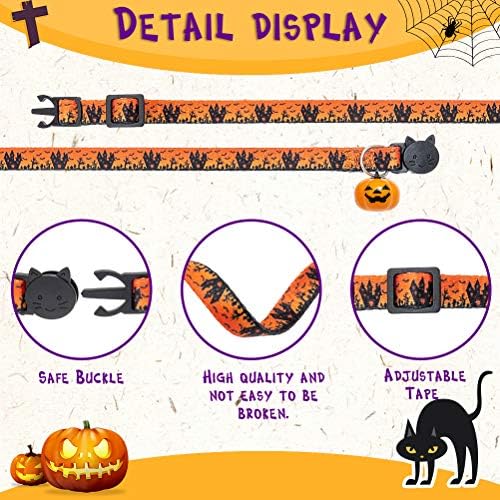 KOOLTAIL Halloween Cat Collar with Bells - 3 Pack Breakaway Cat Collar with Pumpkin Ghost Patterns Safety Buckle Kitten Collars, Adjustable Cute Pet Collar for Boys and Girls Holiday Costume Orange