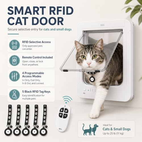 RFID Automatic Cat Door with Remote Control, 4 Modes, 5 RFID Tags