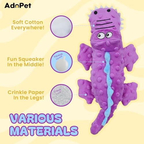 Squeaky Octopus Dog Toy – No Stuffing, Crinkle Sound Plush Chew Toy for Small and Medium Dogs – Durable and Machine Washable – 2 Pack (Purple Crocodile)
