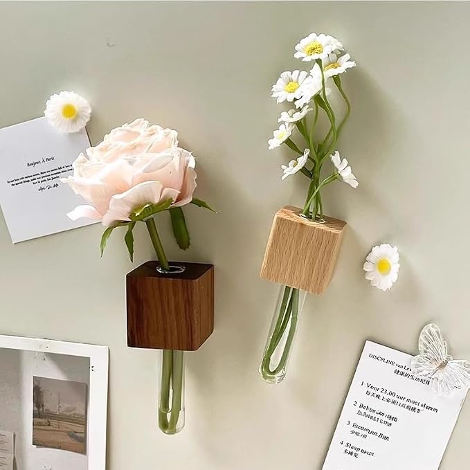 3 Pack Wooden Hydroponic Vase Fridge Magnets, Mini Glass Planter with Strong Magnet for Refrigerator Whiteboard Cabinet, Home Kitchen Decor for Succulents Cuttings Small Flowers