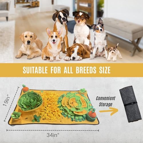 Snuffle Mat for Dogs, Cats and Small Pets, 34"X 19" Large Dog Snuffle Mat with Squeaky Plush Carrot Toy, Interactive Dog Puzzle Mat for Mental Stimulation and Boredom Buster…