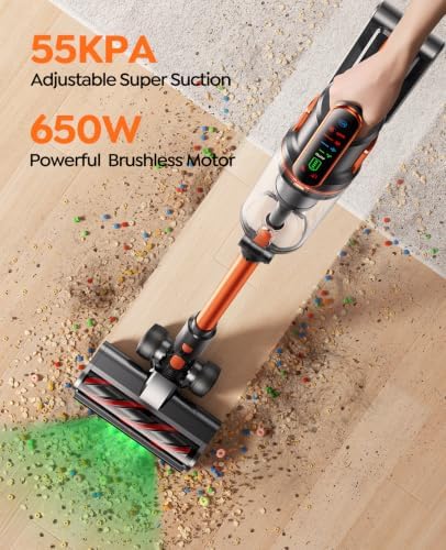 Cordless Vacuum Cleaner, 650W/55Kpa/70Mins Stick Vacuum Cleaners for Home | 180° Foldable Wand &3.3Ft Hose, Touch Screen, AUTO-Mode, Wall Mount Charging, Fragrance, Vacuum for Floor/Carpet/Pet Hair/Car