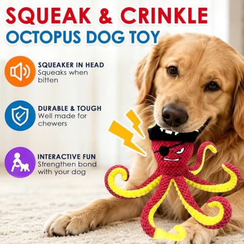 MAXBECK Interactive Octopus Dog Toy, Plush Dog Toy with Crinkle Paper & Squeaker, Tug of War Dog Toy for Small Medium Large Dogs, Soft Dog Chew Toy for Indoor Play, Puppy Training (I-Octopus-Red)