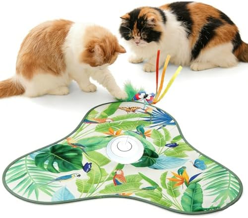 Interactive Cat Toys for Indoor Cats,Hide and Seek Cat Toys with Moving Concealed Wand Feather,Mouse Squeaky,Rechargeable Touch Activated Cat Kitten Toy for Indoor Bored Adult Cats(Green)