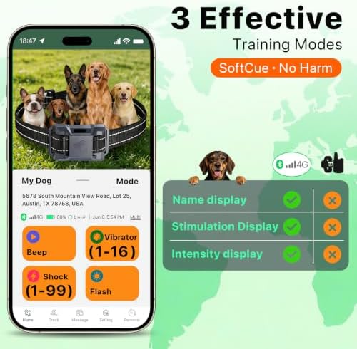 Bluetooth 4G Dog Shock Collar, Unlimited Dog Training Collar with Remote Control Beep Vibration(1‑16) Safe Shock(1‑99), Rechargeable Waterproof Shock Collar for Dogs 5-120lbs, Small Medium Large