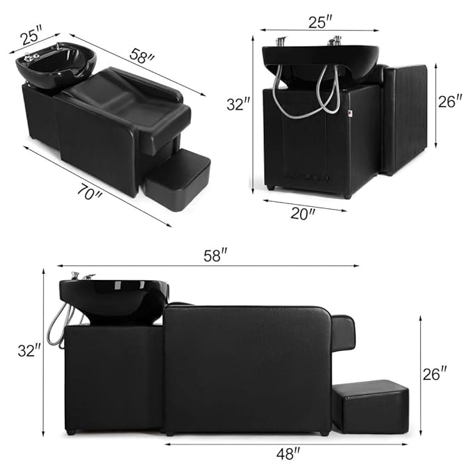 Artist hand 70" Shampoo Bowl Barber Backwash Chair Sink Chair with Foot Pedal, Headrest for Spa Beauty Salon