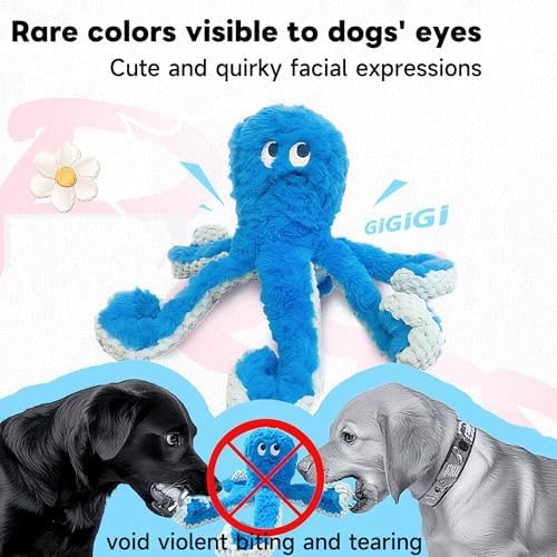 TRAVEYO Blue Octopus Dog Toys with Squeaker，Dog Treat Toys with Soft Rope Tentacles with Treat Hiding Pockets, 14.17 Inches