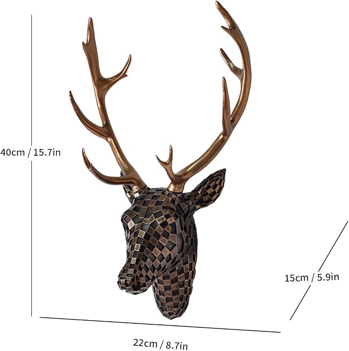 GIGICICI Mosaic Deer Head Wall Decor 15.7x8.7 Inch, Artistic Faux Resin Animal Head Wall Sculpture Hanging for Living Room Bedroom Kitchen Office, Brown Gift