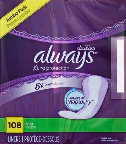 Always Panty Liners for Women Anti-Bunch Xtra Protection Daily Liners, Long, Unscented 108 Count (Pack of 4)