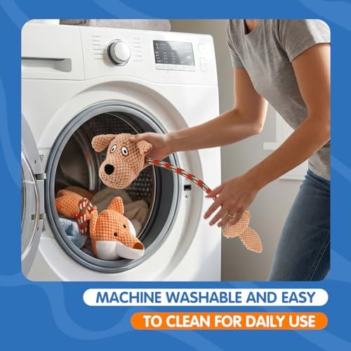Squeaky Dog Rope Toys 2 Pack, Interactive Dog & Fox Design Plush Tug of War Toys with Dual Squeaker, Durable Cotton Chew Toys for Small Medium Dogs, Teething & Boredom Relief