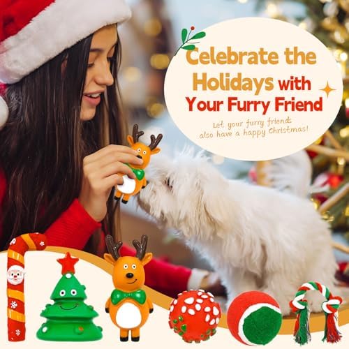 BAEJMJK 6Pcs Christmas Small Dog Toys Set-Xmas Holiday Squeaky Dog Toy Ball and Rope Dogs Toy Set -Funny Interactive Puppy Chew Toys with Christmas Tree Santa Claus and Reindeer Designs