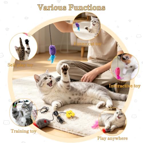 Hanging Door Cat Toy with Elastic String, Interactive Cat Toys for Indoor Cats, Retractable Door Hanging Cat Teaser with Bell/Feather/Plush (Plush Mouse 3 Pack)