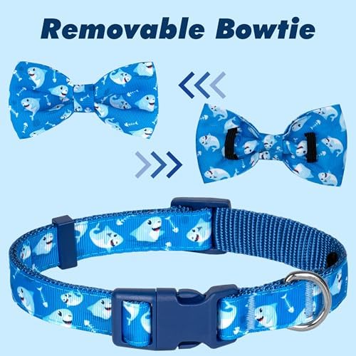 azuza Dog Collar with Bow Tie, Soft and Comfortable Adjustable Bowtie Dog Collar for Small Dogs (S, Shark)