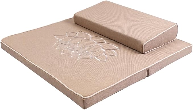 Portable Foldable Meditation Cushion Mat Set with Washable Cotton Linen Cover, Larger Thick Yoga Mat Bolster Floor Pillows Seating for Adults Meditation Accessories Beige1-70cm