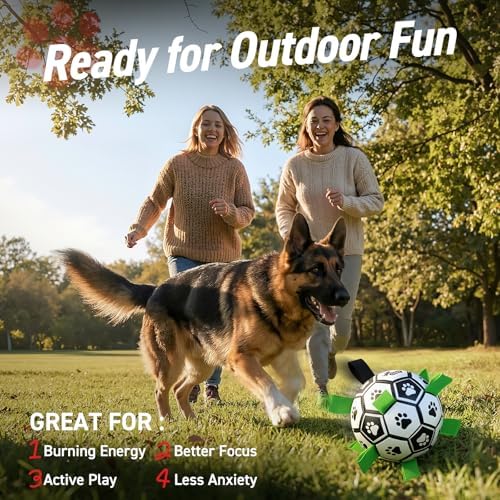 QDAN Large Dog Toys, Soccer Ball for Dogs with Straps, 9 Inch Big Dog Ball | Training Soccer Balls for >90 lbs Dogs, Giant Herding Ball for Dogs, Interactive Water Pool Toys for Tug Chase, Dog Birthday