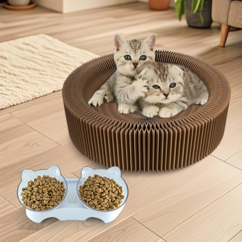 Cat Bed Scratcher Lounge - Cardboard Collapsible Pet Scratching Pad, Round Cat Scratch Nest for Indoor Big Large Kitty Kitten