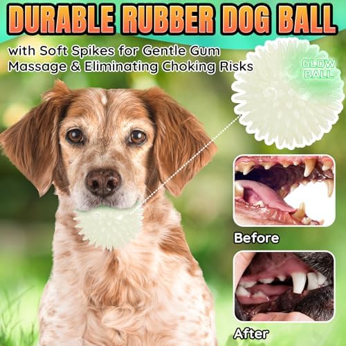 LECHONG 6-Pack Glow in The Dark Squeaky Dog Balls, Spiky Dog Toy Balls, Durable Glowing Rubber Fetching Ball for Small & Medium Dogs Nighttime Playing Indoors & Outdoors