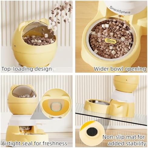 Automatic Food Dispenser Gravity Feeder & Push Button Pet Feeder, Treat Dispenser with Button for Slow Feeder, 1.5L Capacity, Two Ways to Use (Yellow)
