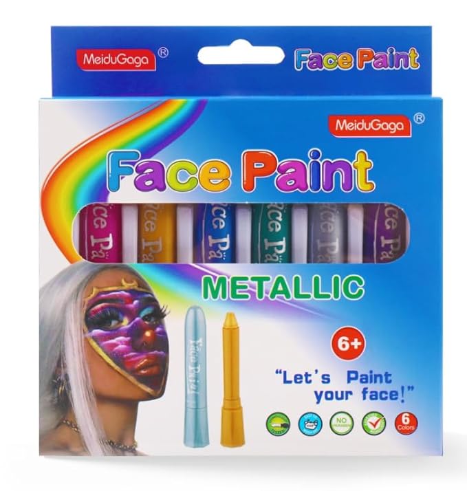 Metallic Face Paint Sticks, Body Painting Kit Face Paint Crayons Easy to Clean for Makeup Party Birthday Festivals (6 Metallic Color)