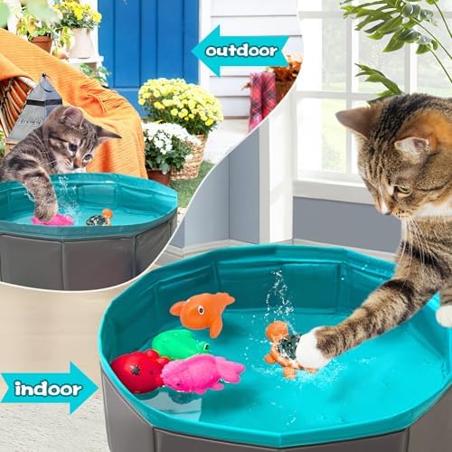 Cat Pool Toy, Water Toys for Cats, Best Cat Toys for Bored Indoor Cats, Hunting Toys for Indoor Catss, Portable Play Mat, Pet Swimming Pool for Self Play Enrichment (1pcs Pool + 6pcs Toy)