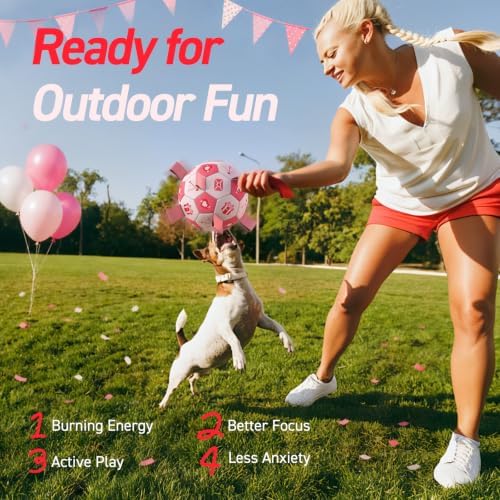 QDAN Dog Birthday Toys, Pink Soccer Ball with Straps, Interactive Tug of War Toy, Puppy Birthday Gifts, Water Toy, Durable Dog Balls for Medium Large (8 Inch)