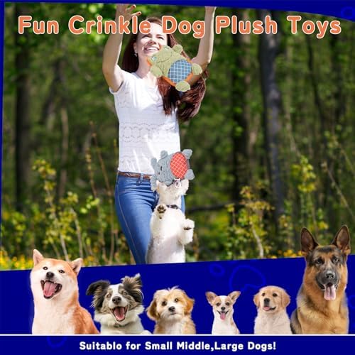 Crinkle Dog Toys Squeaky Plush No Stuffing Cute Puppy Stuffless Tough Rop Pull Toy, Fun Dog Stuffed Animals Durable Chew Set for Small Medium Large Pup (Large, Green Frog+Blue Dog)