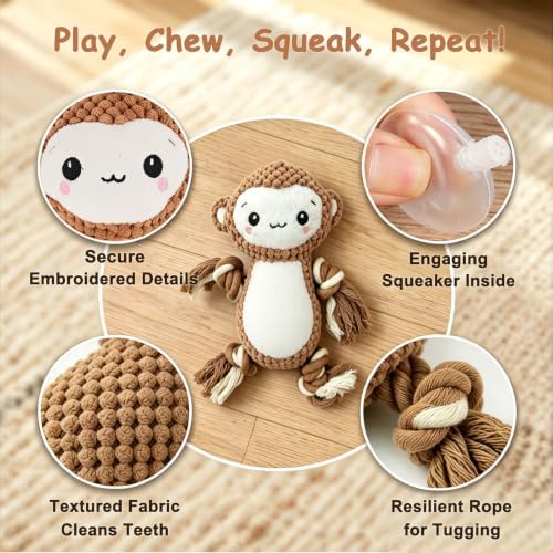 Plush Squeaky Chew Toy for Small Medium Large Dog,(Brown Monkey)