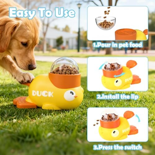 2 in 1 Dog Interactive Treat Dispenser Toy - Durable Food Puzzle Slow Feeder, Duck Shape Enrichment Toys with Button, Mentally Stimulating Toys for Dogs/Cats/Pets
