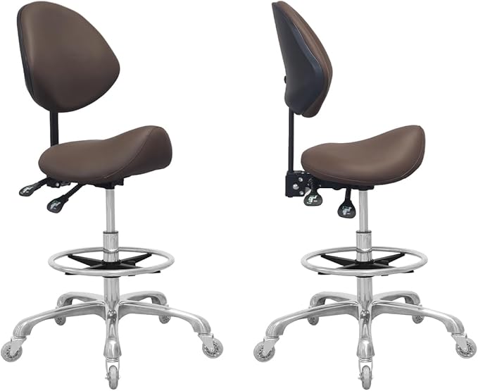 Saddle Stool Chair with Back Support Footrest, Heavy-Duty(350LBS), Hydraulic Rolling Swivel Adjustable Stool Chair for Salon Spa Beauty Massage Dental Clinic Home Office Use(Coffee)