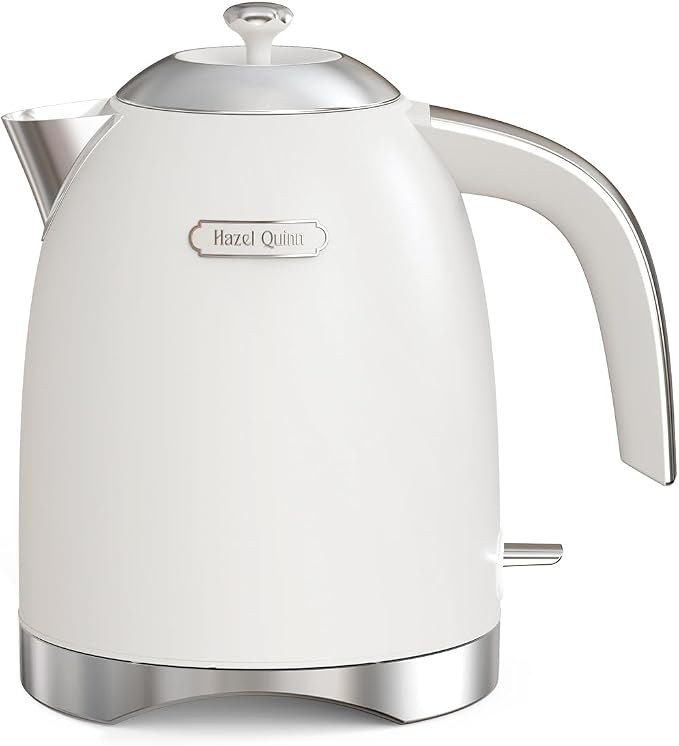 Hazel Quinn Electric Kettle - 1.7 Liters (57oz) Stainless Steel Water Kettle, BPA-Free Interior, 1200W Fast Boiling, Cordless, Rotational Base, Automatic Shut Off & One-Touch LED - Pearl White