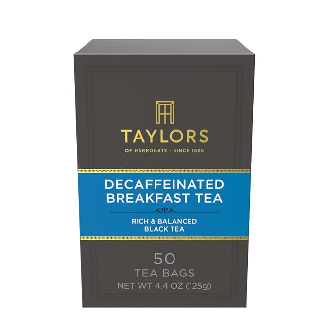 Taylors of Harrogate Decaffeinated Breakfast, Black Tea, Pillow Bags, 50 Count, (Pack of 1) Rich, Bright & Balanced, Decaffeinated, Enjoy Hot or Iced, 50 Teabags