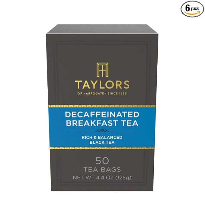 Taylors of Harrogate Decaffeinated Breakfast, Black Tea, Pillow Bags, 50 Count (Pack of 6), Rich, Bright & Balanced, Decaffeinated, Enjoy Hot or Iced, 300 Teabags Total