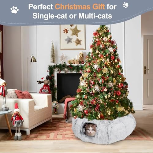 Cat Tunnel Bed for Indoor Cats, L Christmas Tree Skirts Washable Warm Soft Indoor Cat Donut Tunnel, Multifunctional Cat Interactive Playground Toys for Felines Pet Christmas Tree Decoration