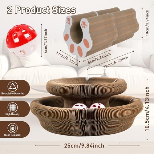2 Pack Cat Scratcher Board Foldable with Bell Ball, Magic Organ Cat Toy for Cats, Protects Furniture, Corrugated Cardboard Scratching Pad，Interactive Mental Physical Exercise for Indoor Cats Toy