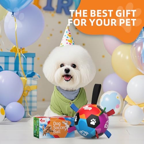 QDAN Dog Toys, Durable Dog Soccer Balls with Straps to Keep Them Busy