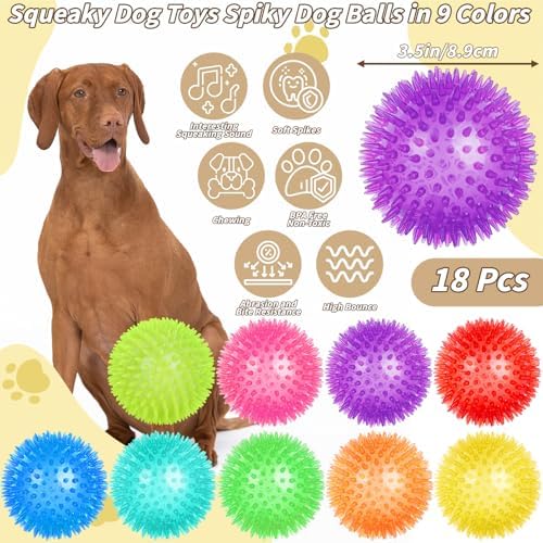 18 Pcs 3.5 in Squeaky Dog Toy Balls Dog Chew Toy for Teething Durable High Bounce TPR Fetch Spike Balls 9 Colors Water Toy for Small Medium Large Dog Aggressive Chewers Clean Teeth and Training