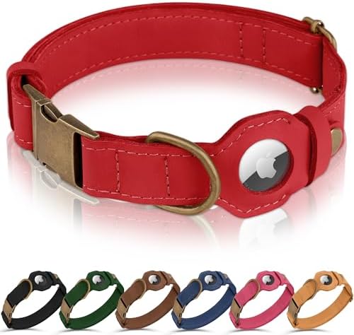 AirTag Dog Collar - Genuine Leather Dog Collar with Apple AirTag Holder and Metal Buckle - Smart GPS Tracking Pet Collars (Red, XL, 20"-25" Neck Fit)