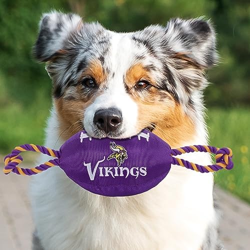 Pets First NFL Minnesota Vikings Football Dog Toy, Tough Quality Nylon Materials, Strong Pull Ropes, Inner Squeaker, NFL Team Color