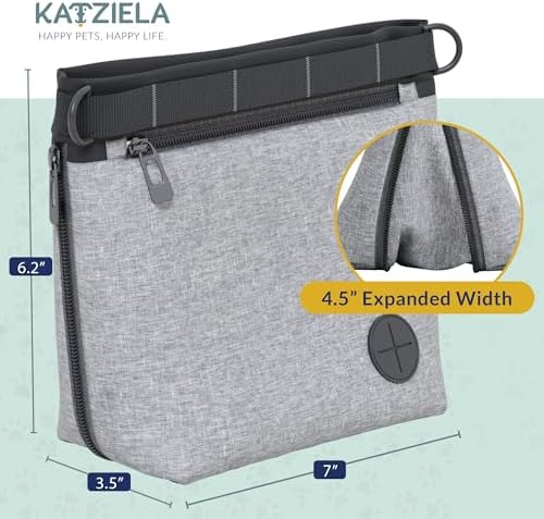 Katziela Expandable Pet Treat Pouch - Hands Free Dog Treat Pouch, Quick Access Magnet Closure - Anti Spill Dog Treat Bag - Treat Pouches for Pet Training, Adjustable Shoulder Strap & Belt Clip (Grey)