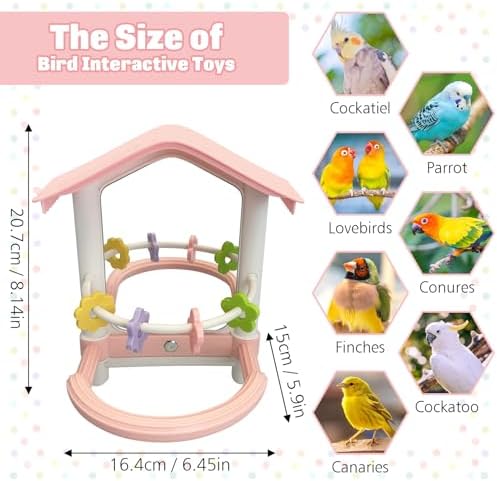 kathson Bird Mirror with Plastic Perch and 5PCS Colorful Rattan Balls Parakeet Hanging Swing with Mirror Interactive Toy Bird Cage Accessories for Cockatiel Parrot Conures Cockatoo Finch(Pink)