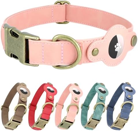 Airtag Dog Collar,PU Leather Collar with Airtag Holder for Large Dogs(Pink)