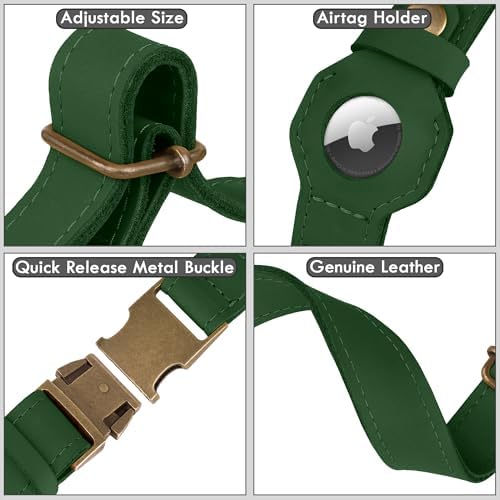 AirTag Dog Collar - Genuine Leather Dog Collar with Apple AirTag Holder and Metal Buckle - Smart GPS Tracking Pet Collars (Dark Green, XS, 9"-12" Neck Fit)
