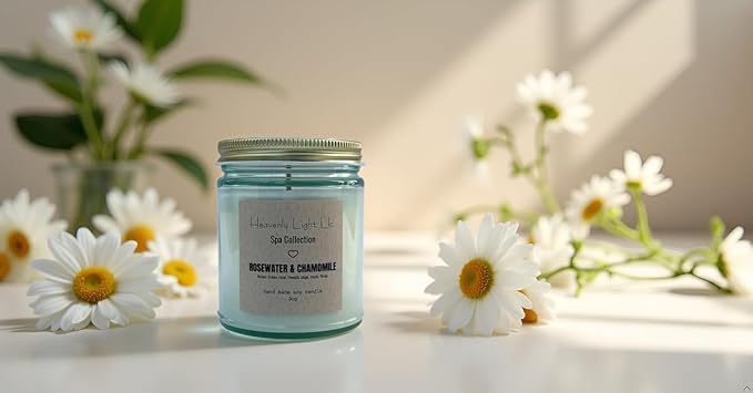 Heavenly Light LLC Rosewater & Chamomile (Spa Collection) 100% Non-Toxic 9 oz Scented Soy Wax Candles