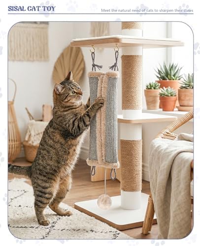 16.5" Sisal Catnip Kicker Toy for Indoor Cats,Heavy Duty Cat Scratching Pillow with 24" Bonus Rope,Washable & Refillable Catnip Toy for Aggressive Kickers,Chewing & Teething, Sisal Mat Texture (Grey)